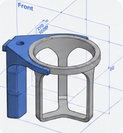 The initial Onshape design: frame, handle and cup holder.