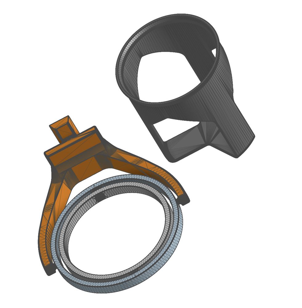 The redesigned parts in CAD: handle frame, outer and inner rings, and cup holder.
