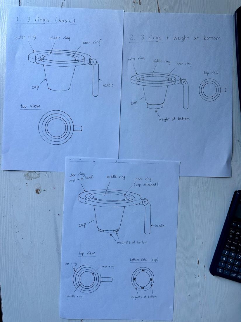 Three hand-drawn concept sketches: 3 rings (basic), 3 rings with a weight at the bottom, and 3 rings with magnets at the bottom.